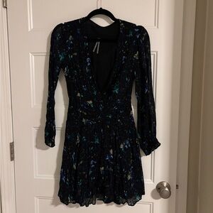 Anthropologie Black and Blue Floral Long Sleeve Dress